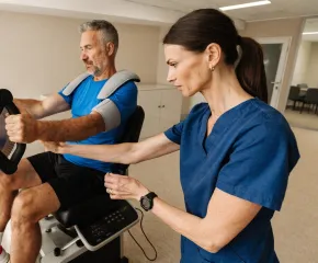 Eine Physiotherapeutin in blauer OP-Kleidung beaufsichtigt einen Mann mittleren Alters, der während einer Physiotherapie-Sitzung in einem hellen Behandlungsraum ein Arm-Ergometer zur Rehabilitation benutzt.