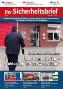 Deckblatt Sicherheitsbrief, Mann mit Krücken vor Feuerwehrhaus