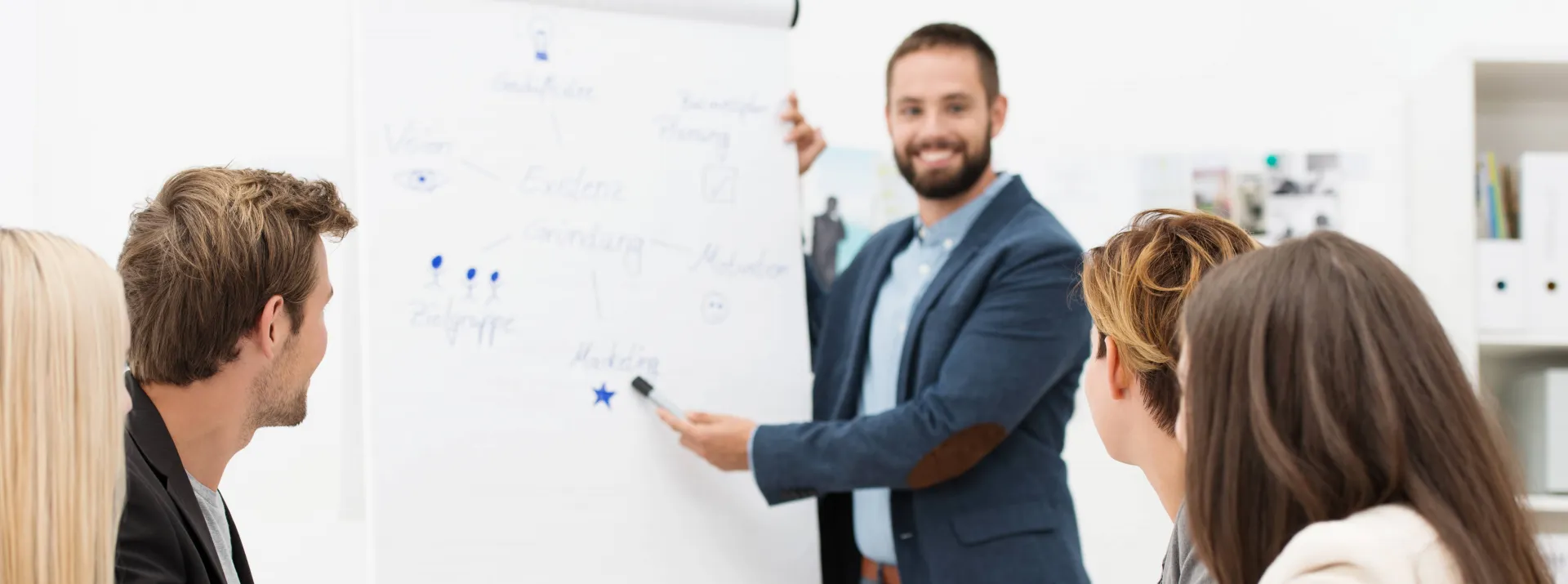 Ein Mann präsentiert Inhalte an einem Flipchart vor mehreren Teilnehmenden in einem hellen Besprechungsraum.